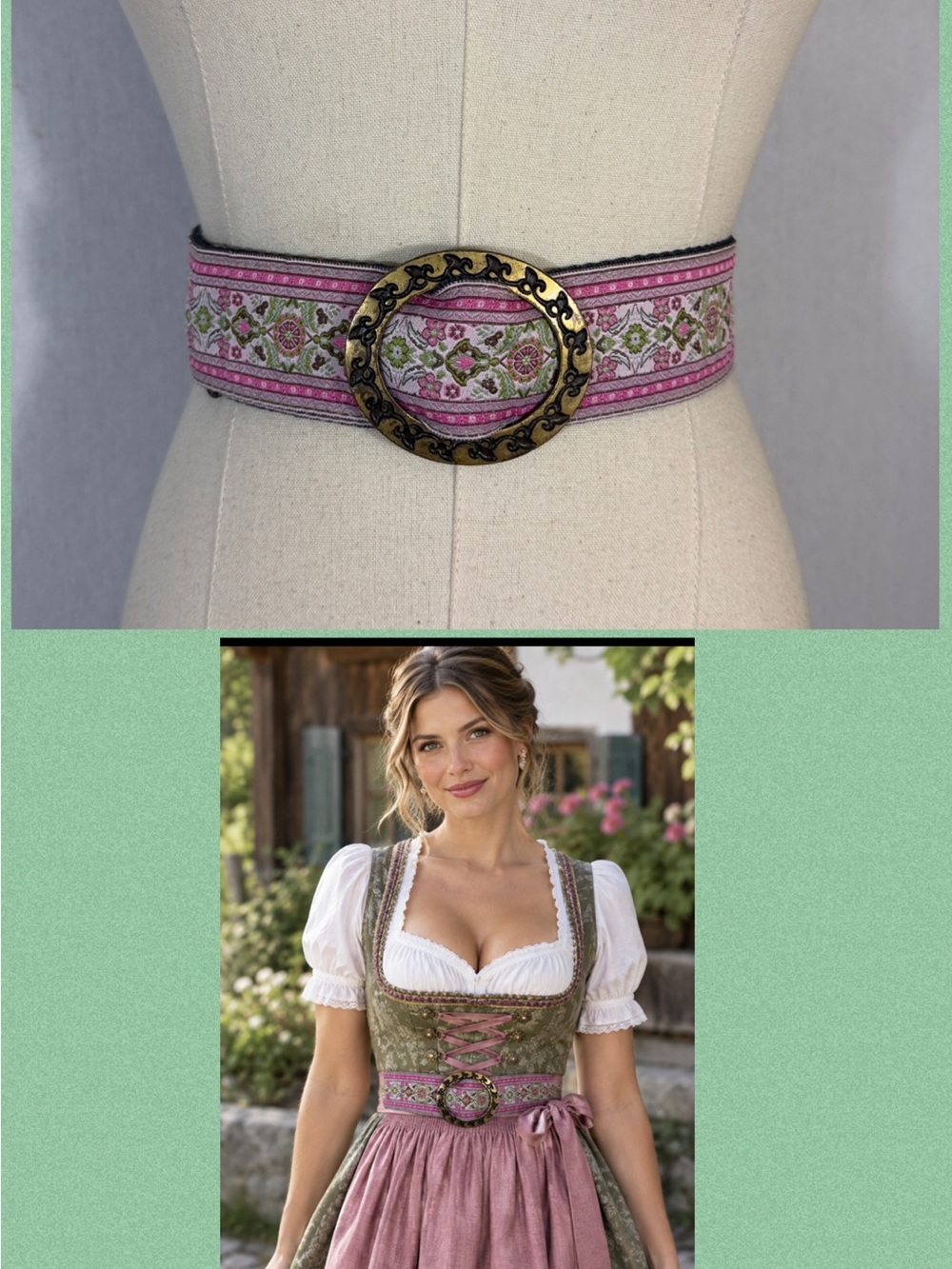 Derin Collection Pink Floral Wide Belt with Antique Leaf Scroll Gold Buckle